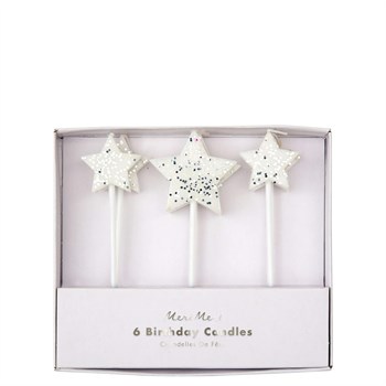Meri Meri - Silver Glitter Star Candles - Gümüş Simli Yıldız Mumlar - 6'lı
