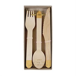 Meri Meri - Gold Wooden Cutlery Set - Altın Rengi Tahta Çatal-Kaşık-Bıçak Set